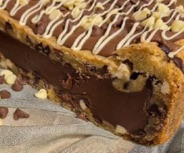 Close-up of freshly baked chocolate brownies with a rich, fudgy texture.